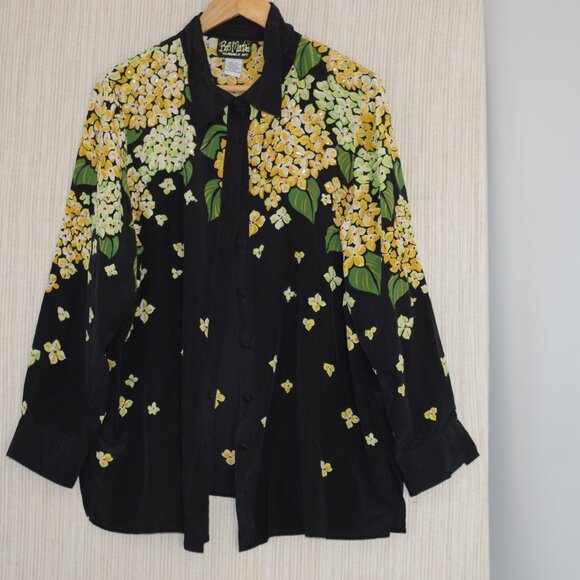 Bob Mackie Vtg. Black Yellow Flower Silk Vintage Long Sleeve Button Beaded Top L - Picture 1 of 7